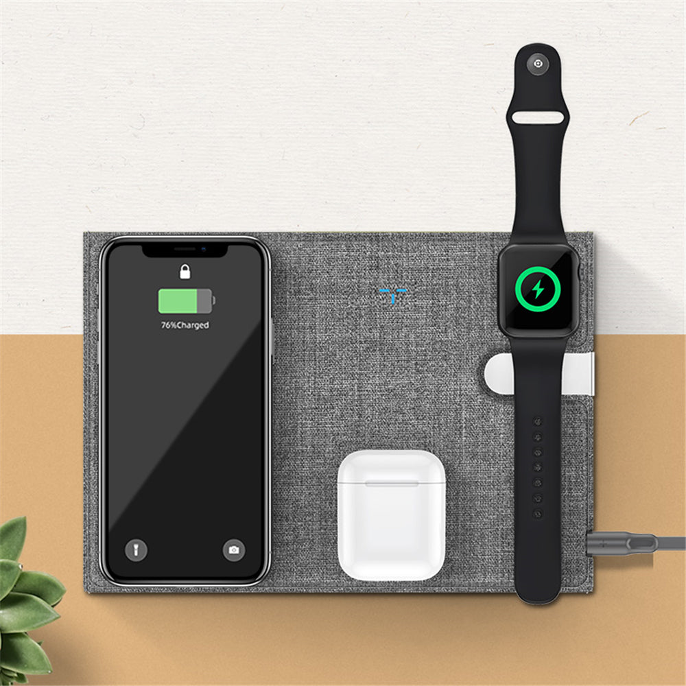 ROCK 10W Wireless Charger Pad for iPhone 12 11 Pro Max Samsung S20 PU Leather Wireless Charger Stand for Airpods Pro 2 1 iWatch 3 in 1 Wireless Charging Holder By Rock vpi