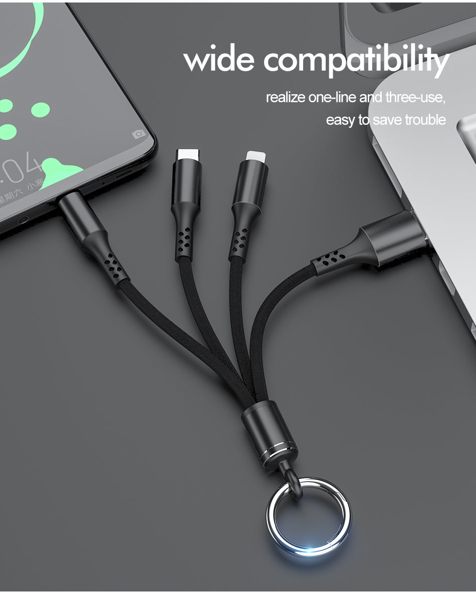 ROCK 3 in 1 Micro USB Type C Cable For iPhone 11 Samsung Xiaomi Mobile Phone Android Cord Portable Multi Keychain Data Sync Wire