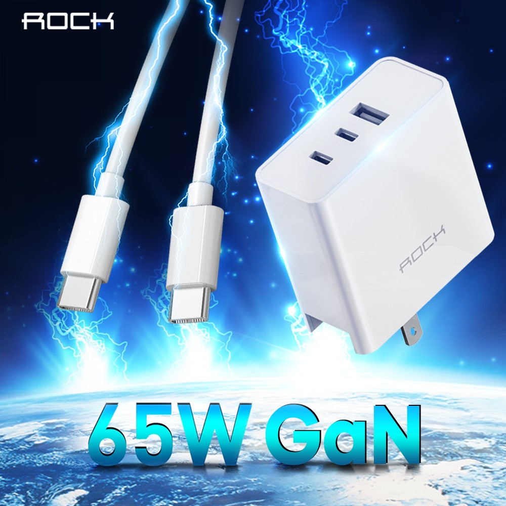 ROCK 65W GaN Charger for Laptop iPhone 12 Mini 12 Pro Max Macbook Dell 3 Ports USB Type C QC 4.0 Fast PD Wall Charger for Xiaomi