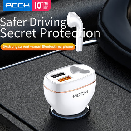 ROCK Functional Car Charger With Bluetooth Earphone  FM Transmitter  Car Kit with 2 USB Port For Audio