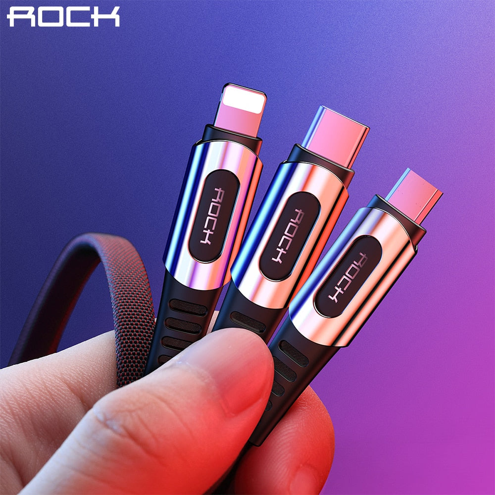 ROCK 3 in 1 USB Cable Zinc Alloy Cable Fast Charging Micro Usb Cable Type C Metal Quick Charger Usb C For iPhone SE 11 Pro Max