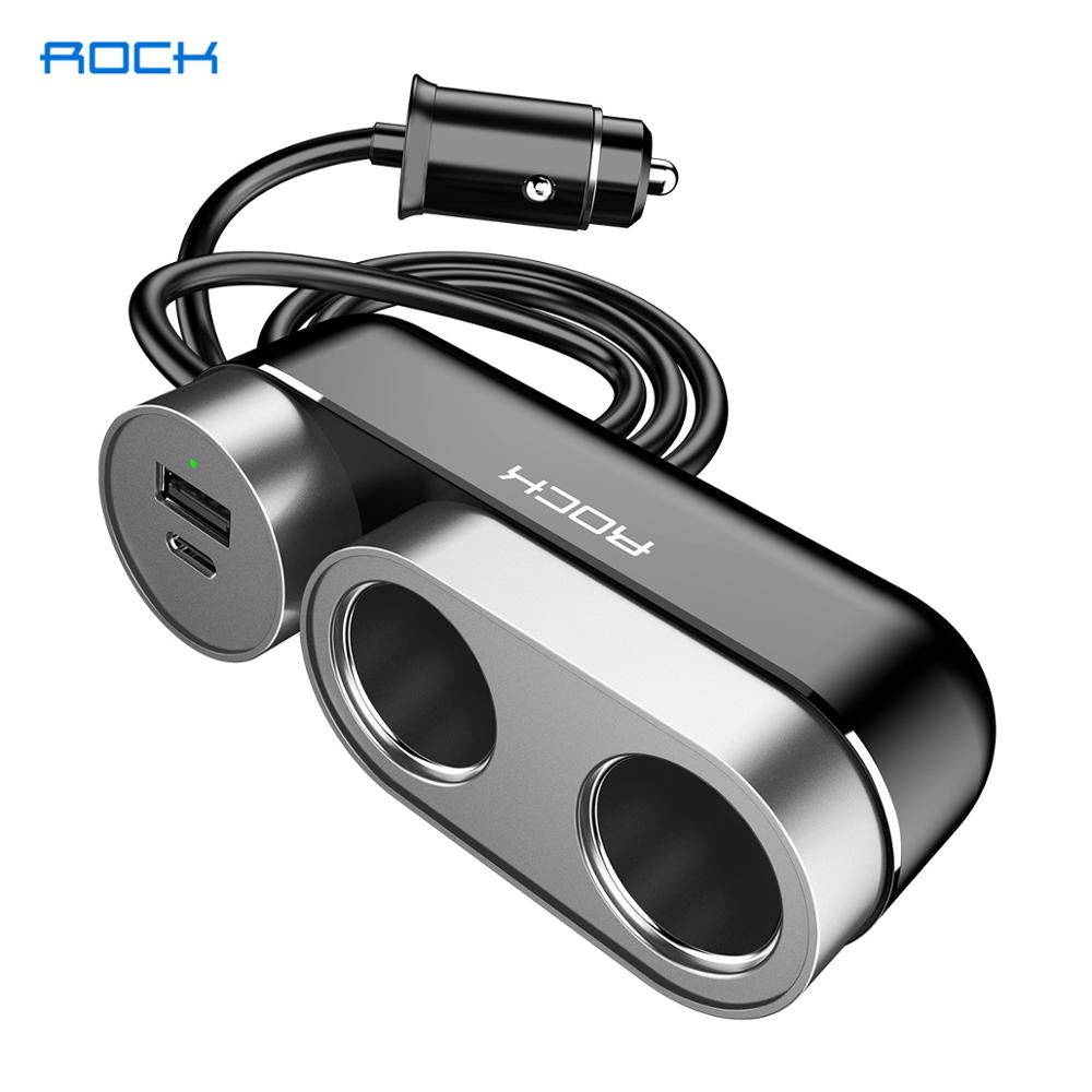 ROCK 2 in 1 Cigarette Lighter Splitter 5.4A 100W USB Car Charger Power Adapter PD Type c Charger Auto Cigarette Lighter Charging